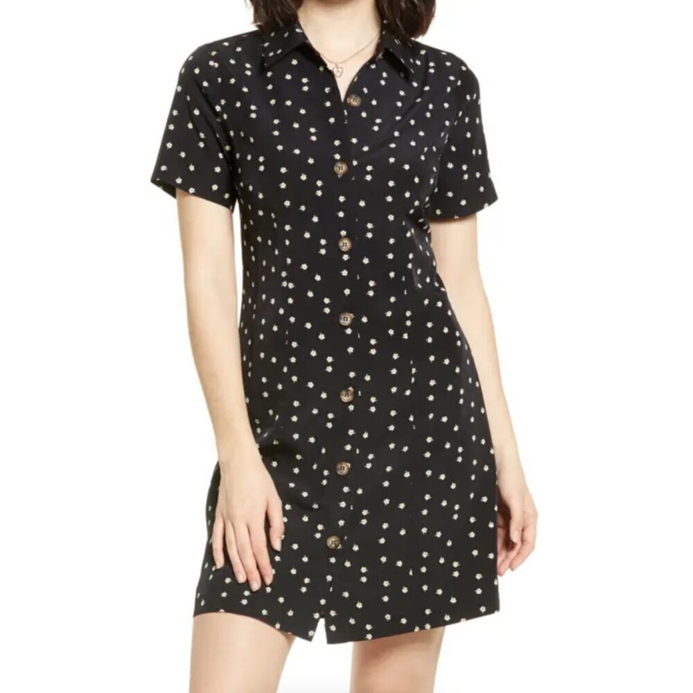 BP. Black and White Floral Mini Button-Up Shirtdress in Floral Ditsy